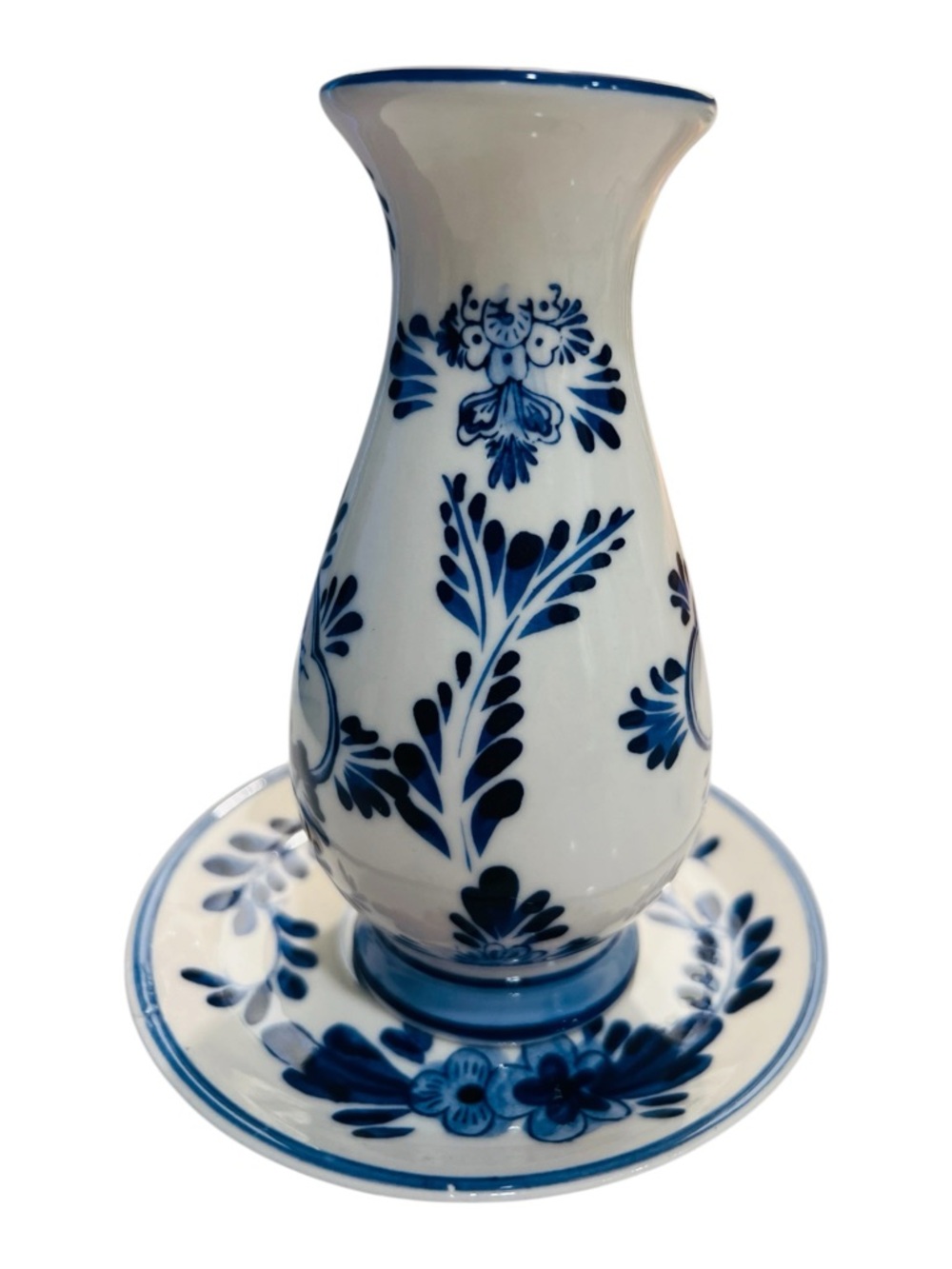 Vintage Delft Blue Bud Vase w Plate Handpainted Holland Windmill Floral 5.5” - Picture 2 of 5